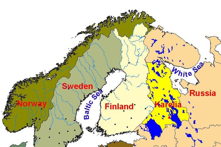 Maps of Karelia shows the place to be a land of lakes that straddles Russia and Finland.
