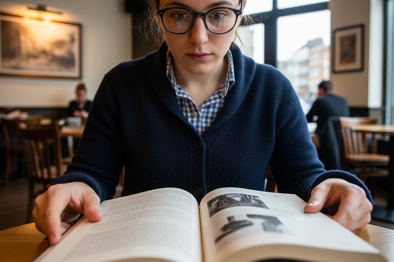 Visivelmente embaçado no primeiro plano (o livro e as mãos), perfeitamente nítido no fundo.