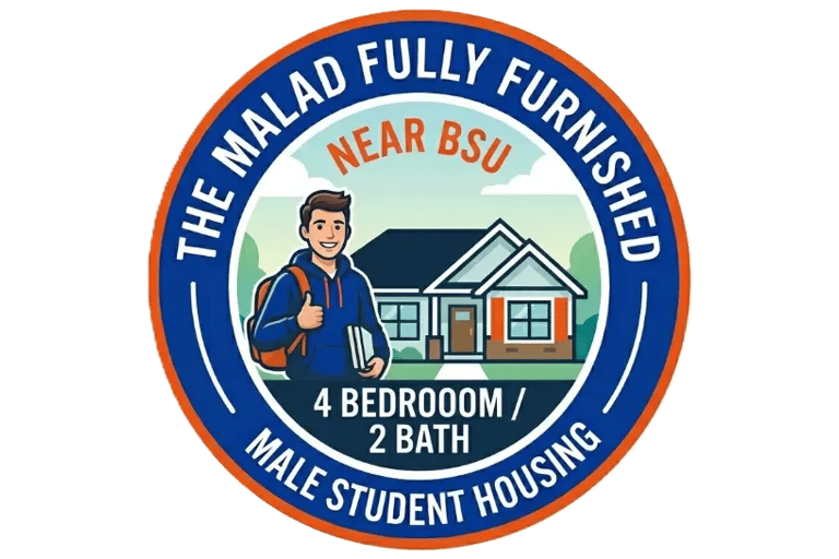 "The Malad: Fully furnished 4-bed, 2-bath male student housing near BSU. Logo featuring a student and house illustration."