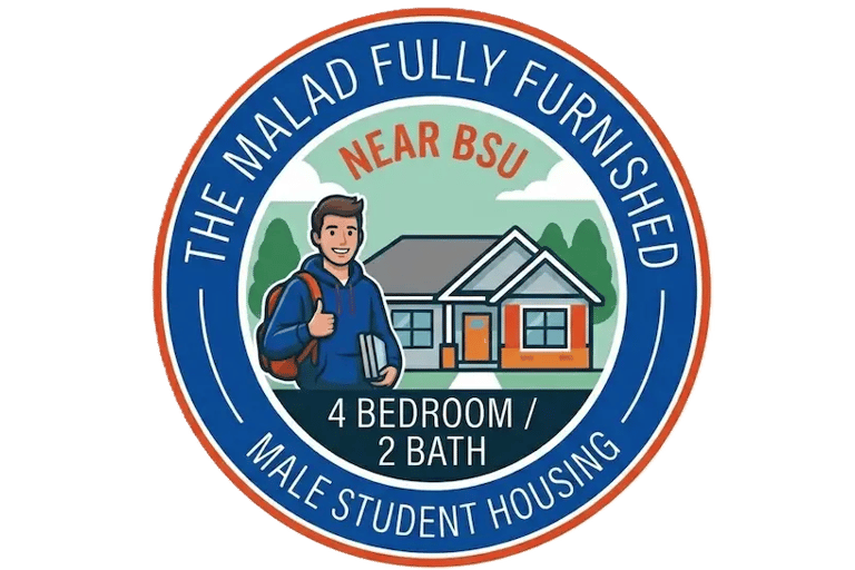 "The Malad: Fully furnished 4-bed, 2-bath male student housing near BSU. Logo featuring a student and house illustration."