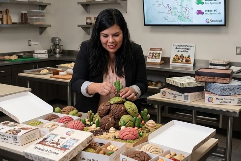 Un chef pastelero organiza conchas y cajas de catering temáticas en una cocina de panadería.