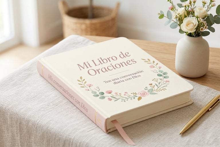 Journal pastel colors resting on the table, a small base with flowers