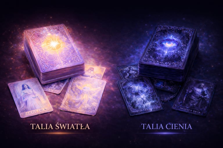 Glowing Light and Shadow tarot decks on a celestial background with mystical oracle cards.