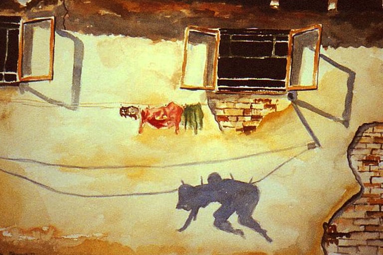 a painting of a shadow of amorous couple  on a clothes line