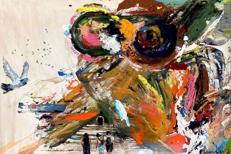 expressive painting showing a gropu of tourists entering some doorway