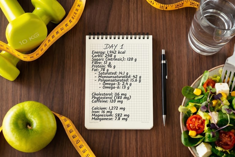 Nutrition tracking notebook on a desk with healthy salad, green apple, dumbbells, and measuring tape.