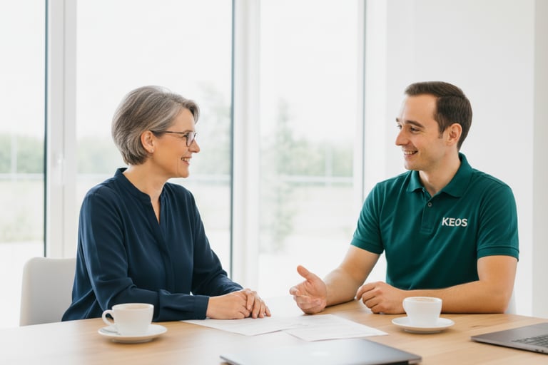 Professional business consultant in a green polo shirt discussing documents with a client in a bright office.