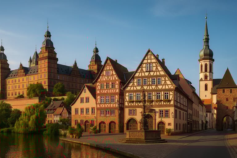 Historic German town square featuring timber-framed houses, Schloss Johannisburg castle, and St. Mary’s Church.