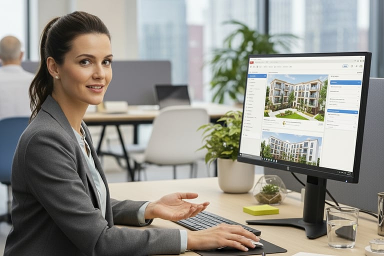 Professional architect using real estate management software on a computer in a modern office.