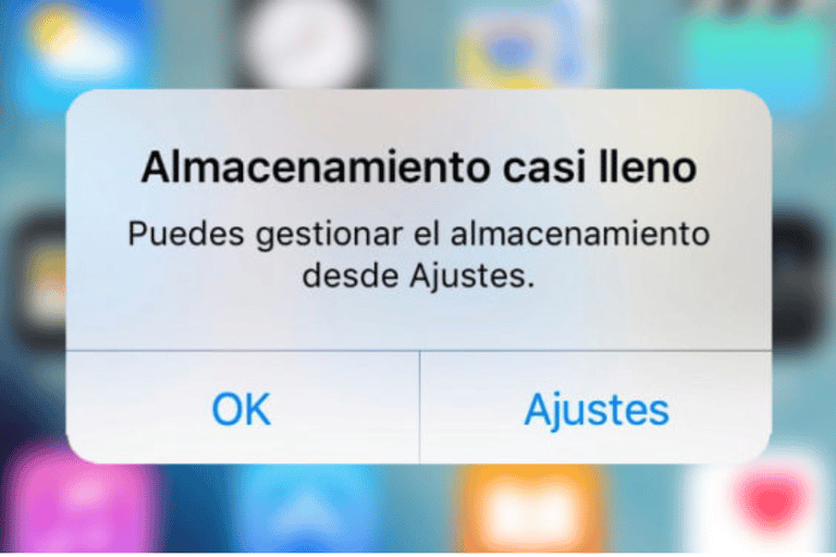 screenshot de mensaje de almacenamiento lleno de un iPhone