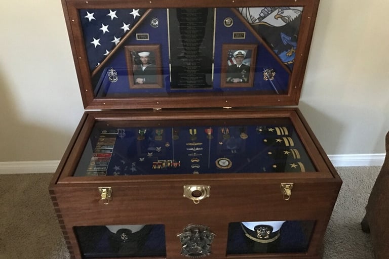 Custom Hand Crafted Mahogany Display chest with  inside lid mounted display and removable  Shadowbox