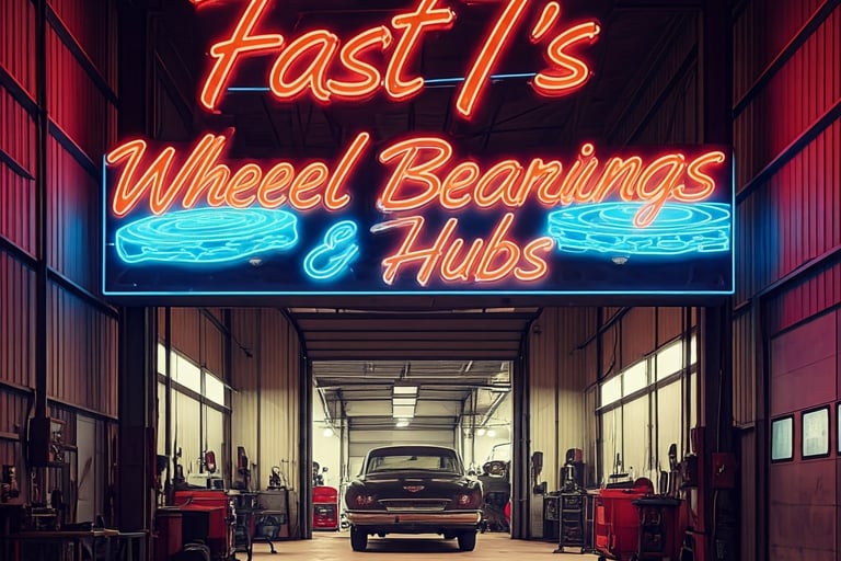 Neon sign at Auto Garage that says "Fast T's Wheel Bearings & Hubs