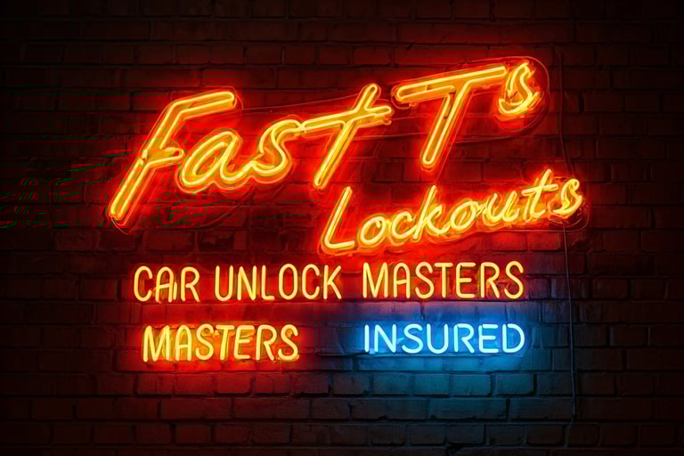 Neon signt that says Fast T's Lockouts-Car Unlock Masters-Insured