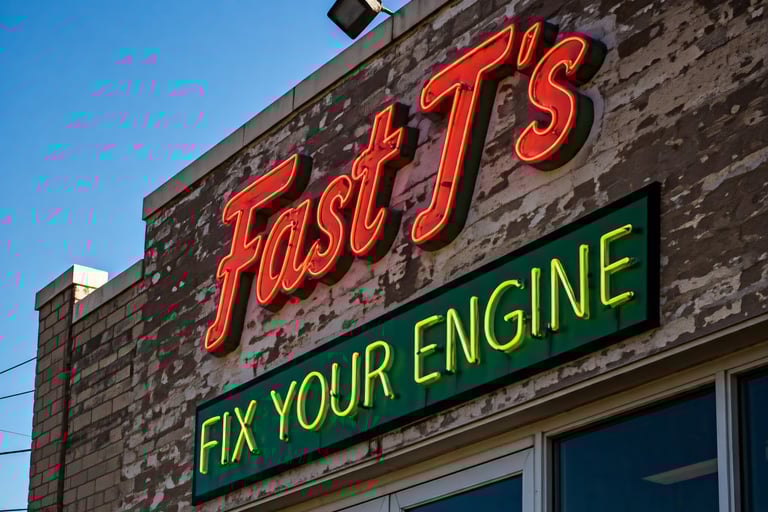 Neon Sign Says Fast T's Fix Your Engine on an Auto Repair Shop wall