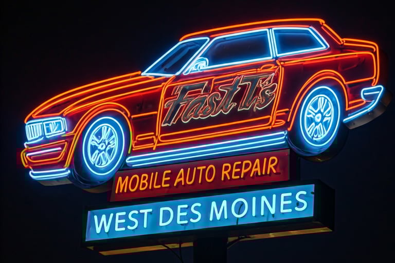 Neon sign that says Fast T's Mobile Auto Repair West Des Moines 