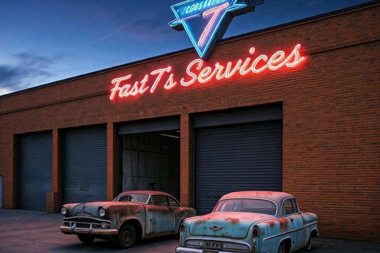 neon sign that says Fast T's Services with 2 old cars sitting in front of a 1950's Auto Repair Shop