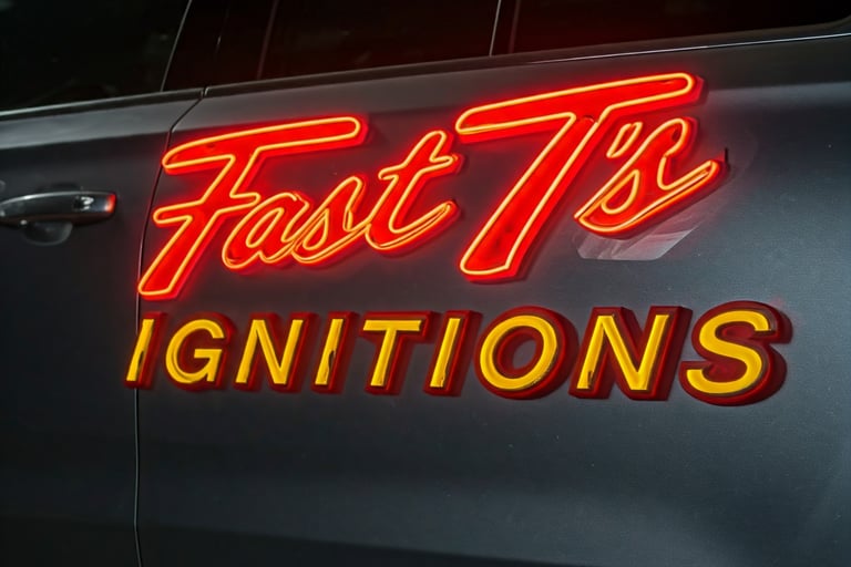 neon sign on the side of a car that says Fast T's  Ignitions 