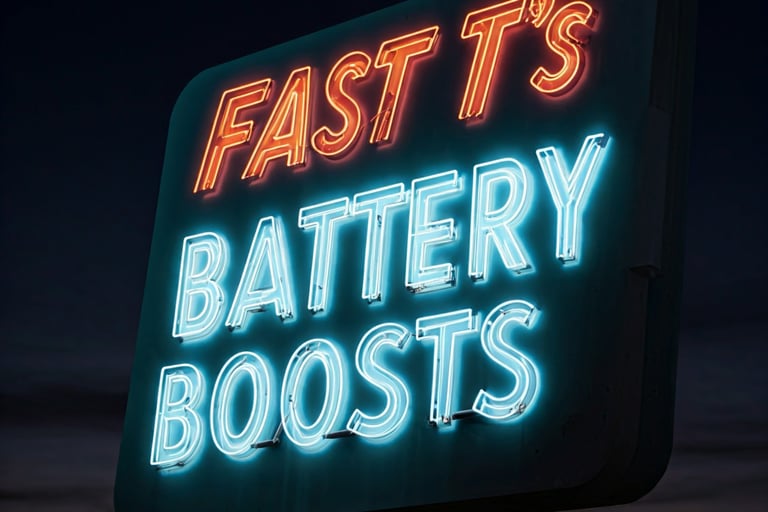Neon sign that says Fast T's Battery Boosts