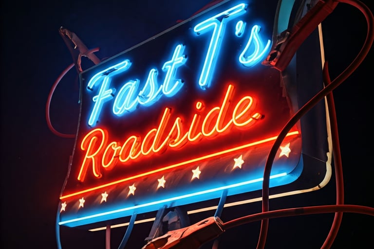 neon sign with jumper cables around it that says Fast T's Roadside