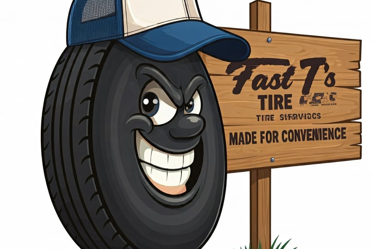 a cartoon car tire holding a sign that says Fast T's Tire Made for Convenience 