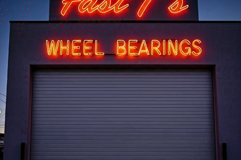 Neon sign on auto garage says Fast T's Wheel Bearings