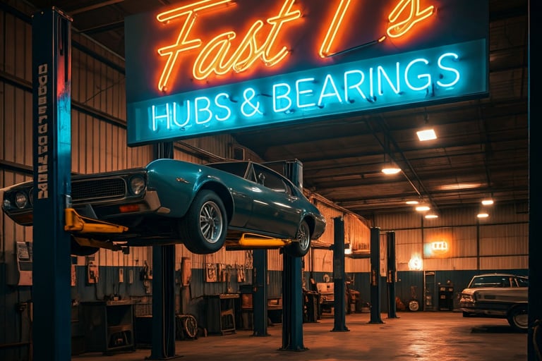 neon sign hanging from a car lift in an Auto repair shop that says Fast T's Hubs & Bearings