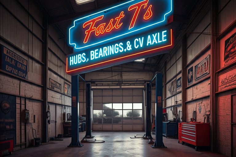 neon sign hanging in a garage work bay that says Fast T's Hubs, Wheel Bearings, & CV Axle