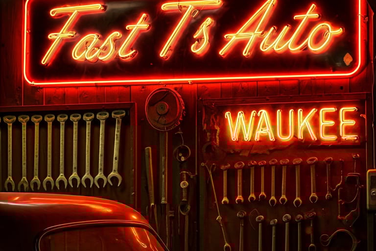 Neon sign says Fast T's Auto Waukee with wrenches hanging on the wall behind a vintage car reflecting a red hue