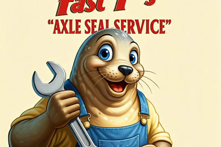 Fast T's Axle Seal Service with an ocean Seal in overalls holding a monkey wrench