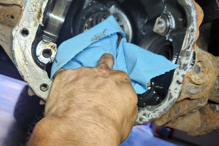 Fast T's Auto Technician cleaning a front differential with a blur cloth in preparation of an inner shaft seal replacement 