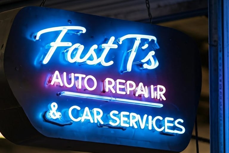 Neon sign in blue says Fast T's Auto Repair & Car Services with an auto repair garage in the background