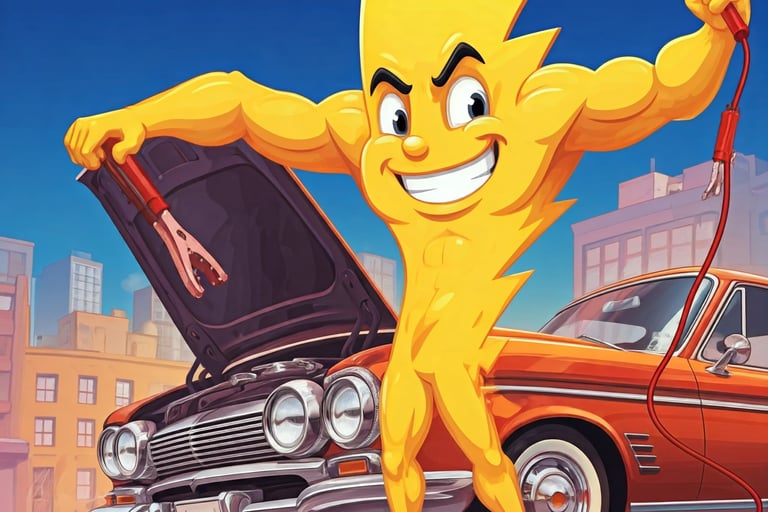 lightning bolt MSN jump starting a car battery in a parking lot