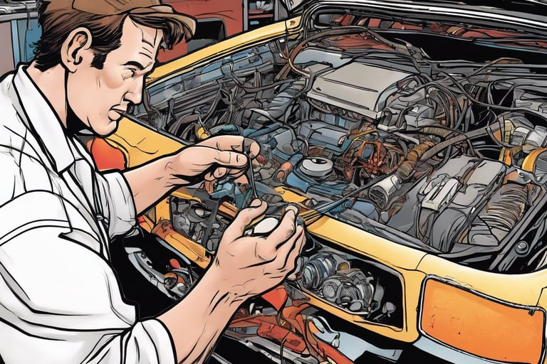 Cartoon of a mechanic performing wire repair on a car