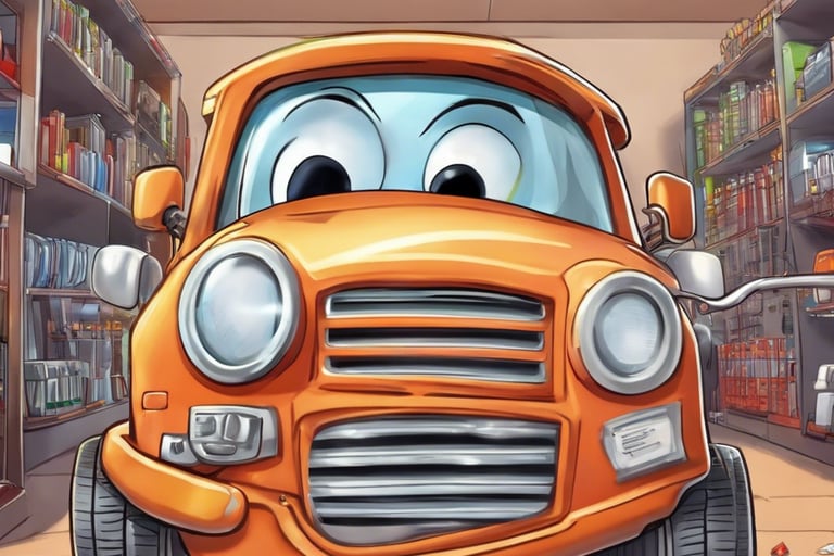 Orange cartoon car with a smile on its face parked in a homes garage