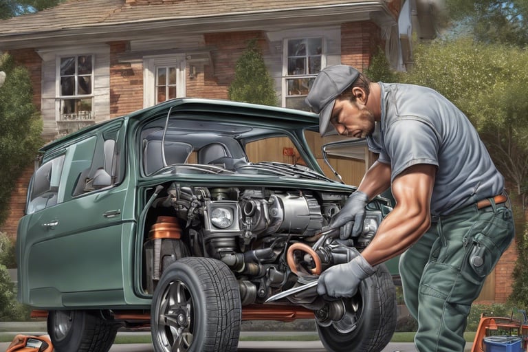 Mechanic working on a car in a driveway