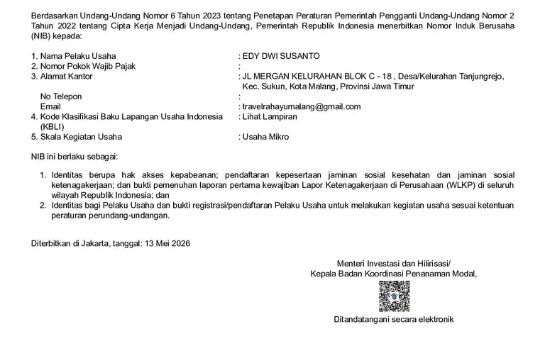 Nomor Induk Berusaha Travel Rahayu Malang, bab 1