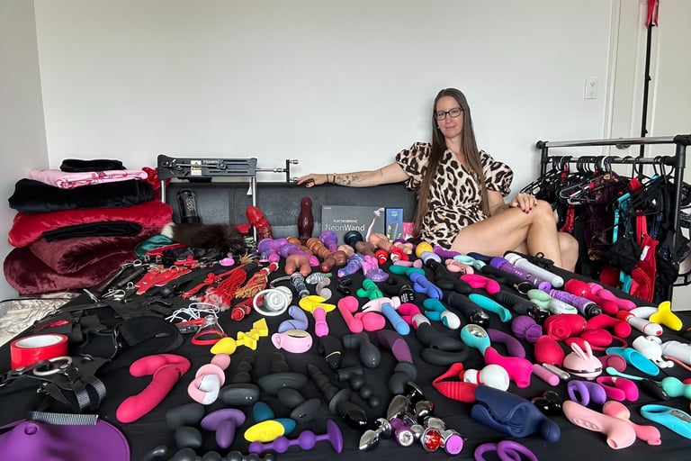 Pleasurelit Patricia with her pleasure toys and tools collection