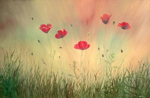 an oil painting of red poppies in a sun-drenched field