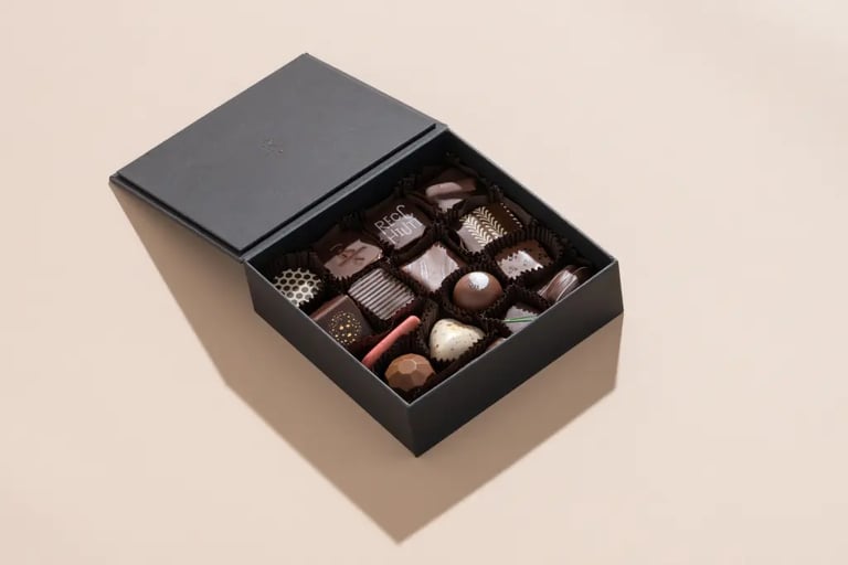 a box of chocolates with chocolates and chocolates