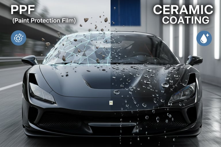 Visual Comparison PPF (Paint Protection Film) vs. Ceramic Coating.