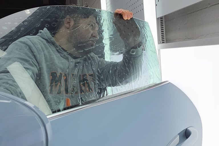 Bluemax Tint Master Technician applying ceramic window film with care.
