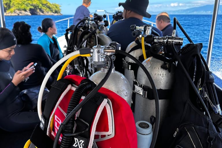 a group of scuba divers on a boat