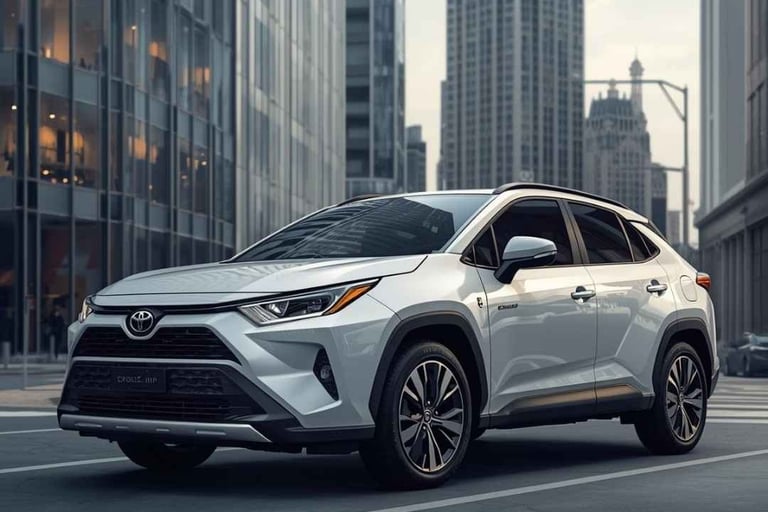 Imagem de um Corolla Cross em uma cidade com prédios ao fundo.