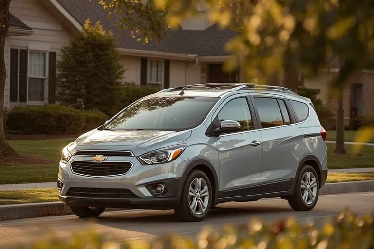 Imagem de um Chevrolet Spin com casas ao fundo.