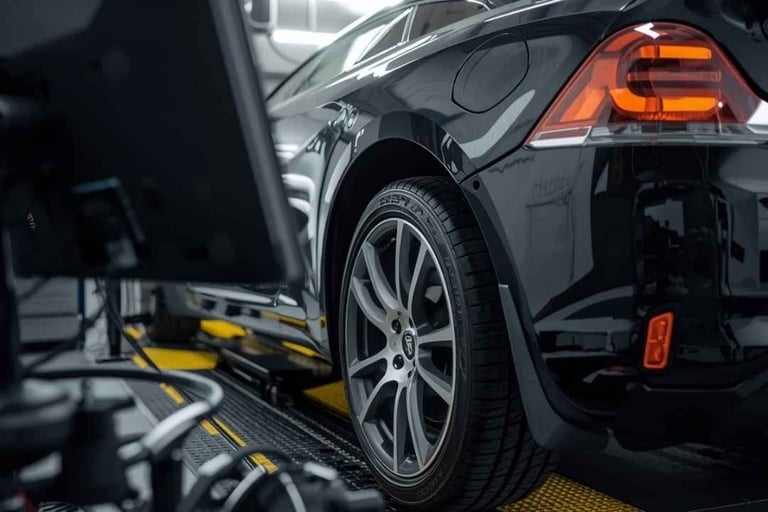 Carro em máquina de alinhamento computadorizado, com sensores nas rodas em uma oficina especializada.