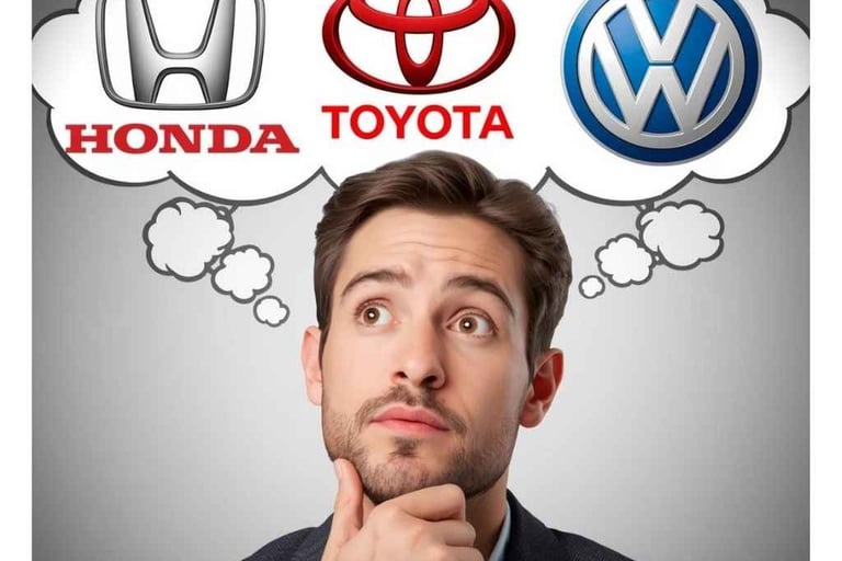 Homem pensado em qual marca automotiva escolher Honda, Toyota ou Volkswagen
