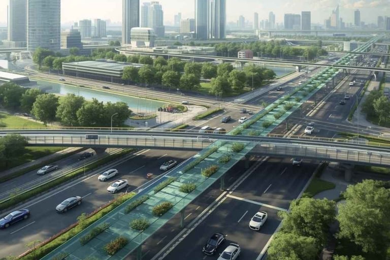 Ilustração do futuro da mobilidade com carros híbridos e infraestrutura de sustentabilidade.