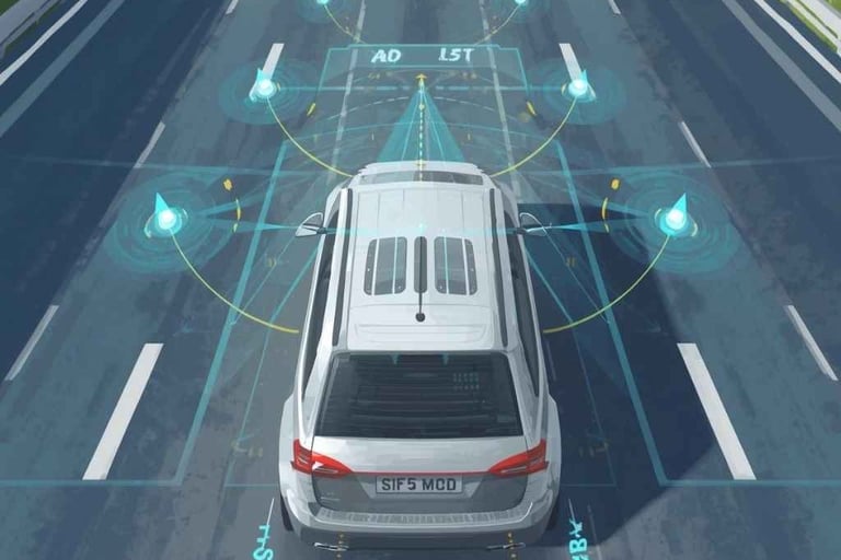 Veículo com sensores e câmeras ilustrando sistemas ADAS e direção semiautônoma.