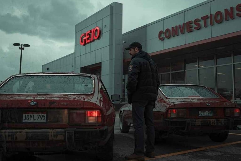 Motorista analisando carro usado em concessionária, representando uma compra estratégica para evitar desvalorização alta.