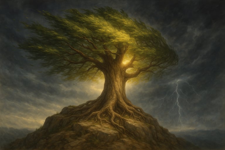 a tree on a hill with a lightning bolt 